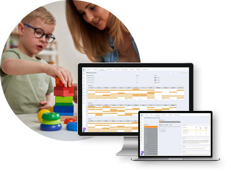 ABA provider helping young boy with wooden blocks and RethinkBH VB-MAPP on devices