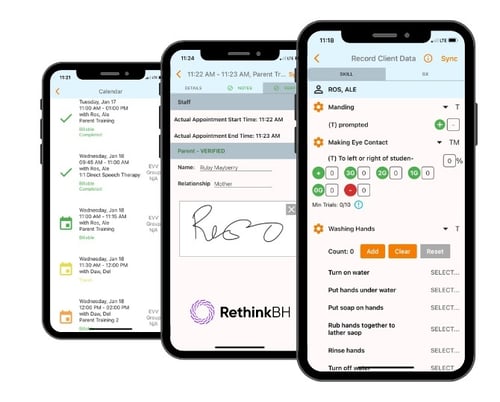 Smartphones showing different parts of RethinkBH Data Collection solution Smartphones showing different parts of RethinkBH Data Collection solution