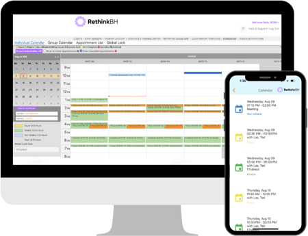 Desktop and smartphone both showing RethinkBH ABA Data Collection solution Desktop and smartphone both showing RethinkBH ABA Data Collection solution